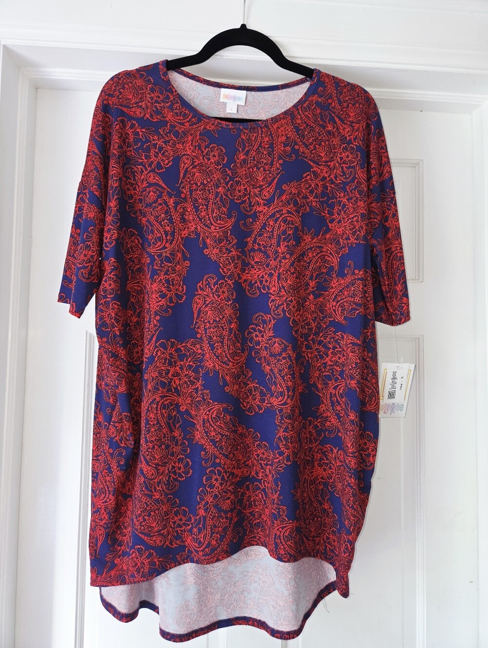 LuLaRoe Irma Tunic Top S Small Blue Red Paisley High Low Short Sleeve NWT